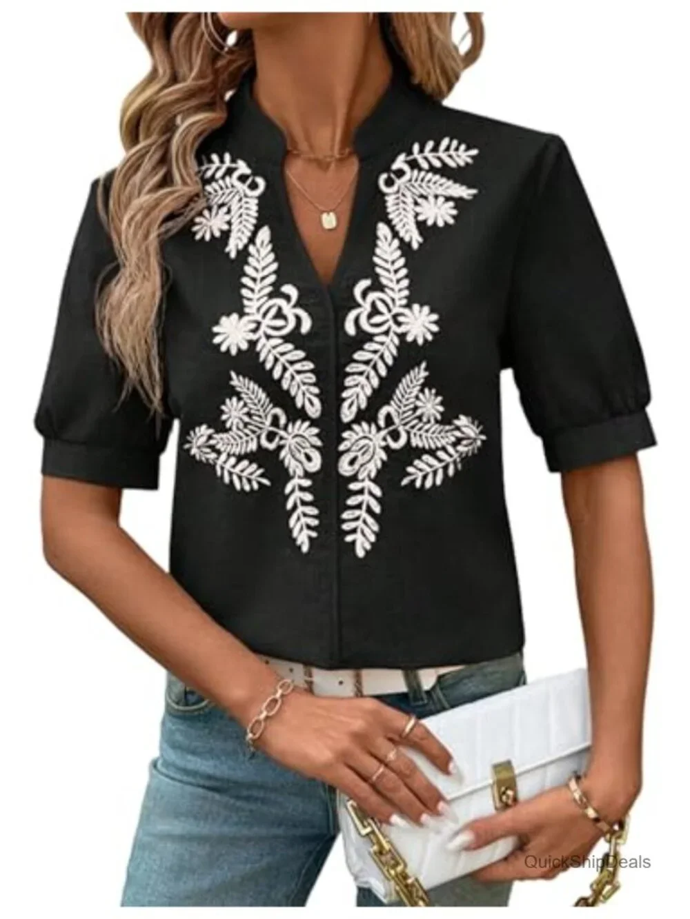 Floral Embroidered V Neck Boho Short Sleeve Linen Blouse Tops